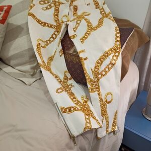 Celine White/Cream Jeans with Gold Chain Print